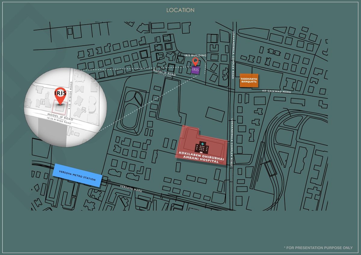 Location map showing IRIS on Model JP Road, Andheri West